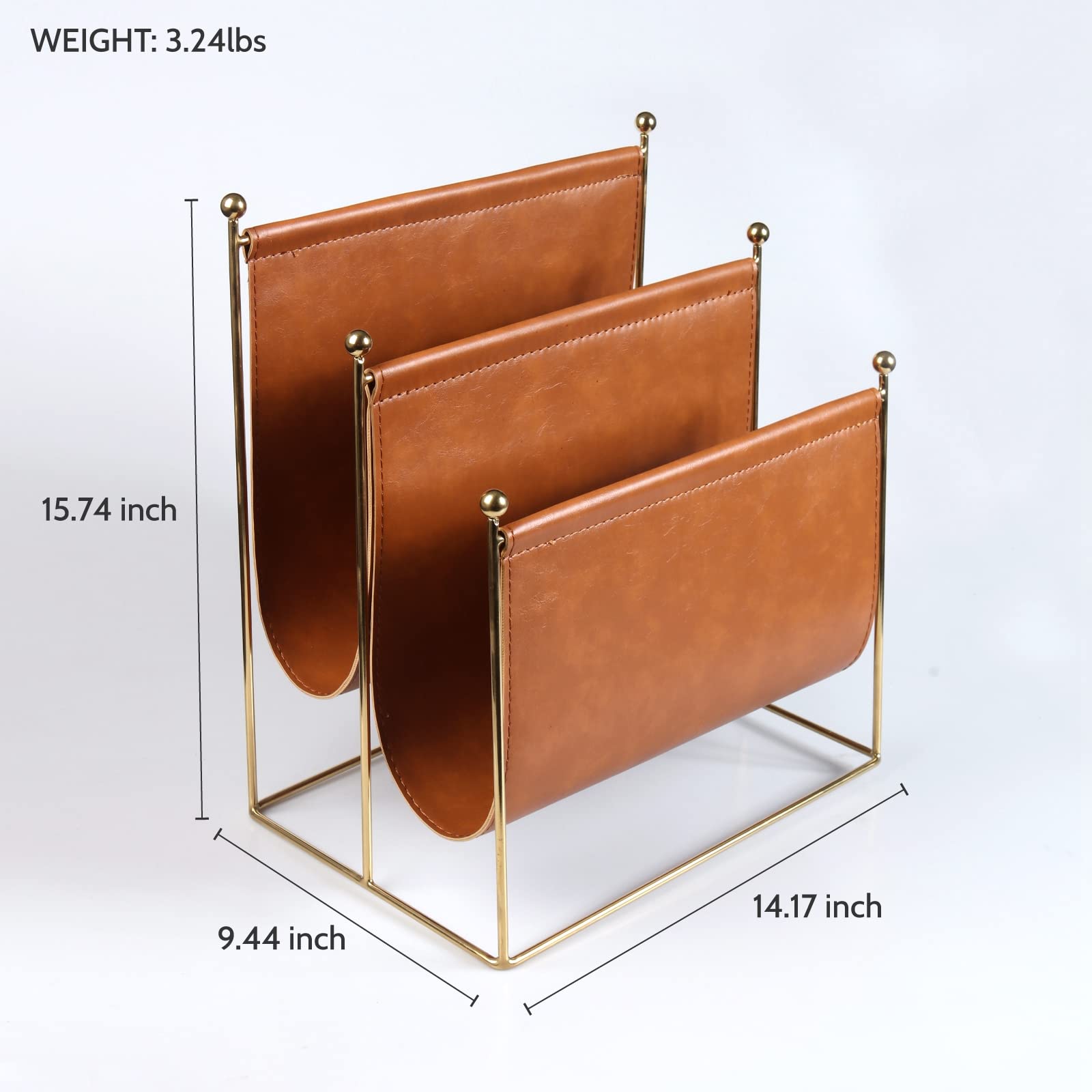 Portariviste in filo metallico placcato e pelle artificiale, rack a 2 scomparti per riviste, libri, giornali, decorazione domestica