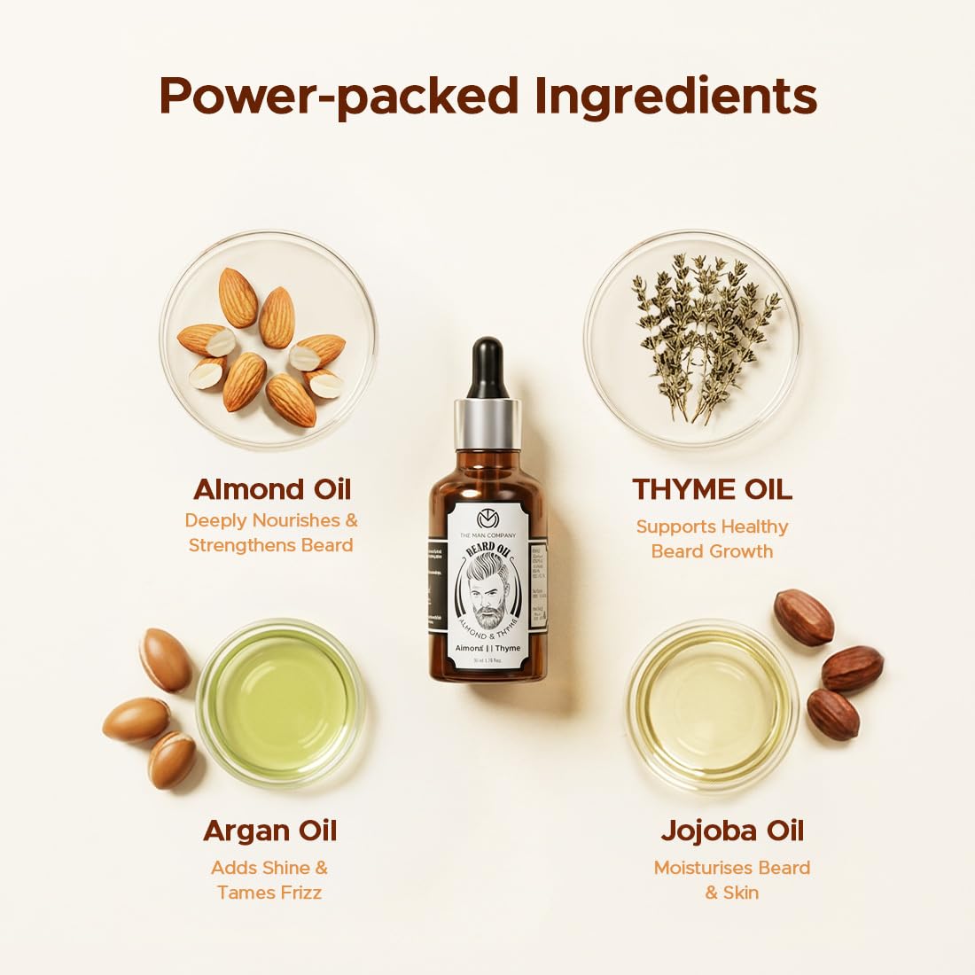 The Man Company 100% Natural Beard Oil - 50 ml with Almond & Thyme for Faster, Thicker & Longer Beard | Best Beard Growth Oil for Man, Nourishes & Strengthens Uneven Patchy Beard 1