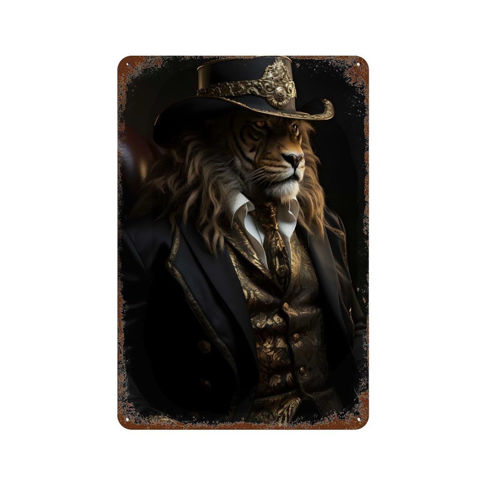 Lion in Suit And Hat 11.8"x7.9" Retro Metal Sign, Industrial Home Decor for Basement, Hobby Room And Garage Decor