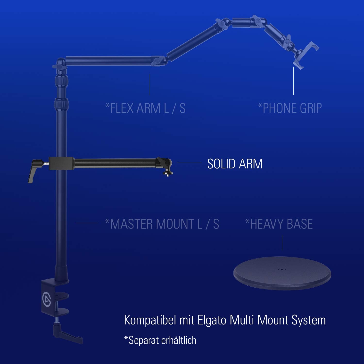 Elgato Solid Arm, Haltearm mit gepolsterter Klemme | Klemmt horizontal an Master Mount, Kugelkopf mit 1/4-Zoll-Gewinde, Stahl und Hartverbundstoff