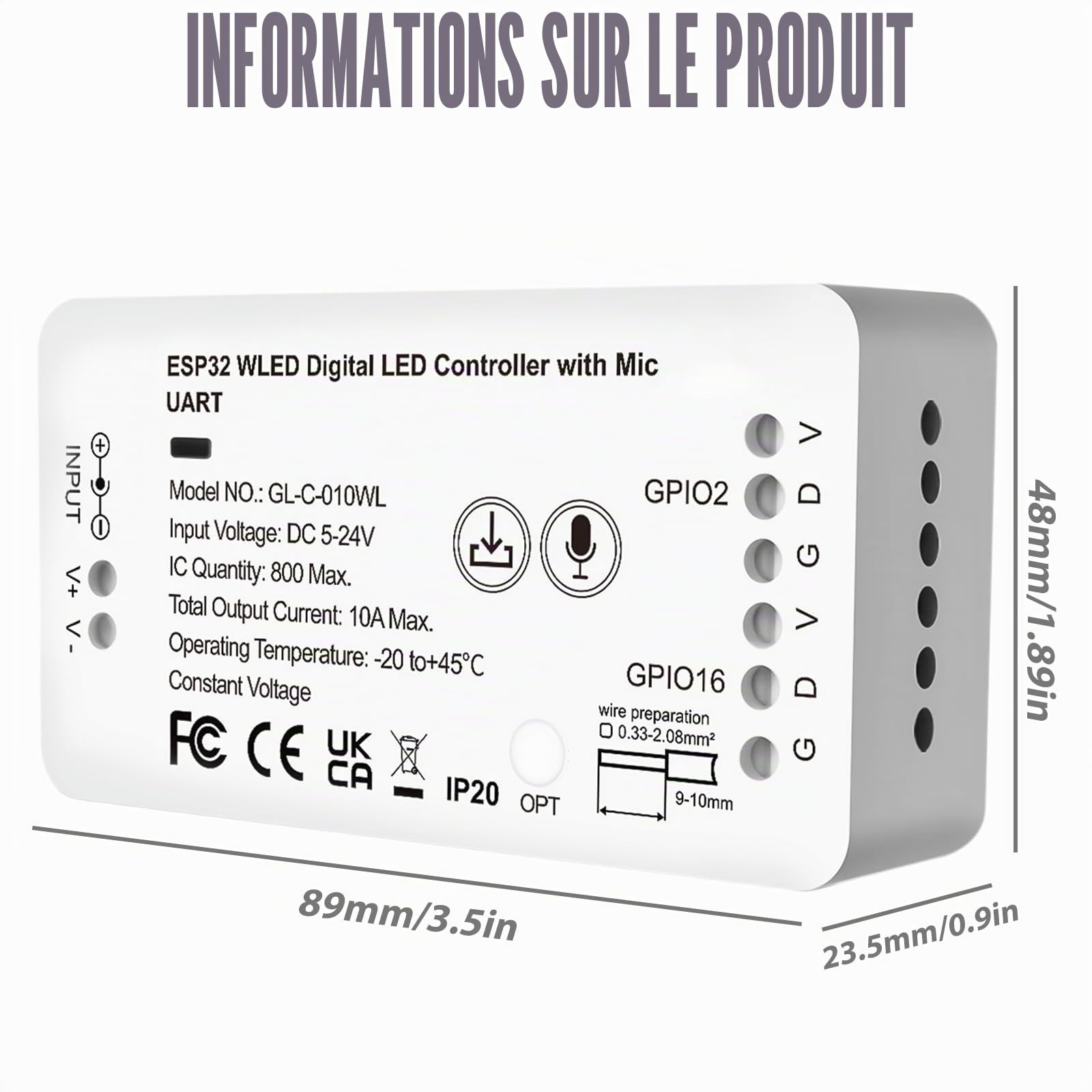 Contrôleur WLED ESP32 avec microphone - Contrôleur numérique LED pour bandes LED RVB / RGBW addressables (WS2812B, WS2811, SK6812) - 5-24 V CC - Contrôle de la lumière DIY avec 100 effets
