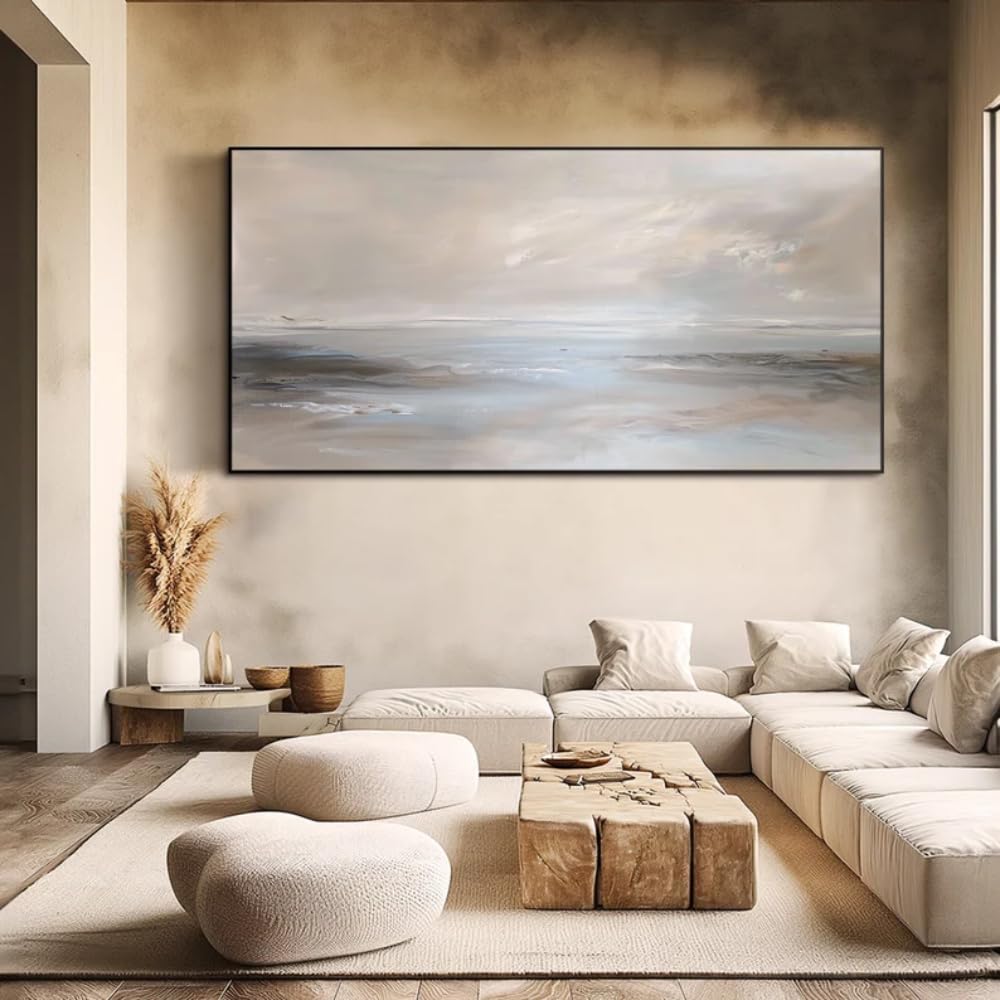 UUDEZO Oil Painting Abstract Wall Art Scandinavian Wabi-Sabi Style Ocean Landscape Canvas for Modern Living Room Decor(65x130cm/(25x51inch)/with Frame)