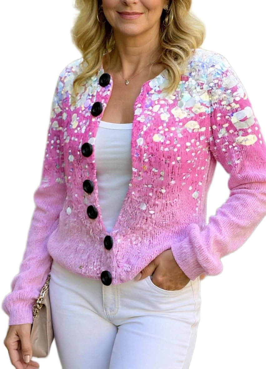 Women's Print Button Down Cardigan Long Sleeve Knit Sweater Casual Vintage Fall Coat