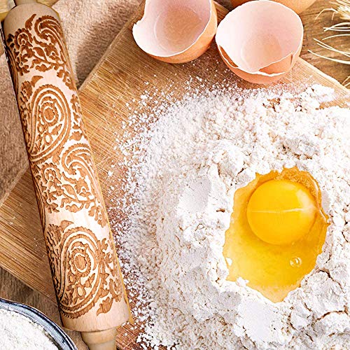 Christmas Paisley Wooden Rolling Pin Embossing 3D Laser Engraved Patterned Rolling Pin For Baking Crusts Pies Cookies Biscuit Fondant Cake Dough Pastry Clay #TOP2