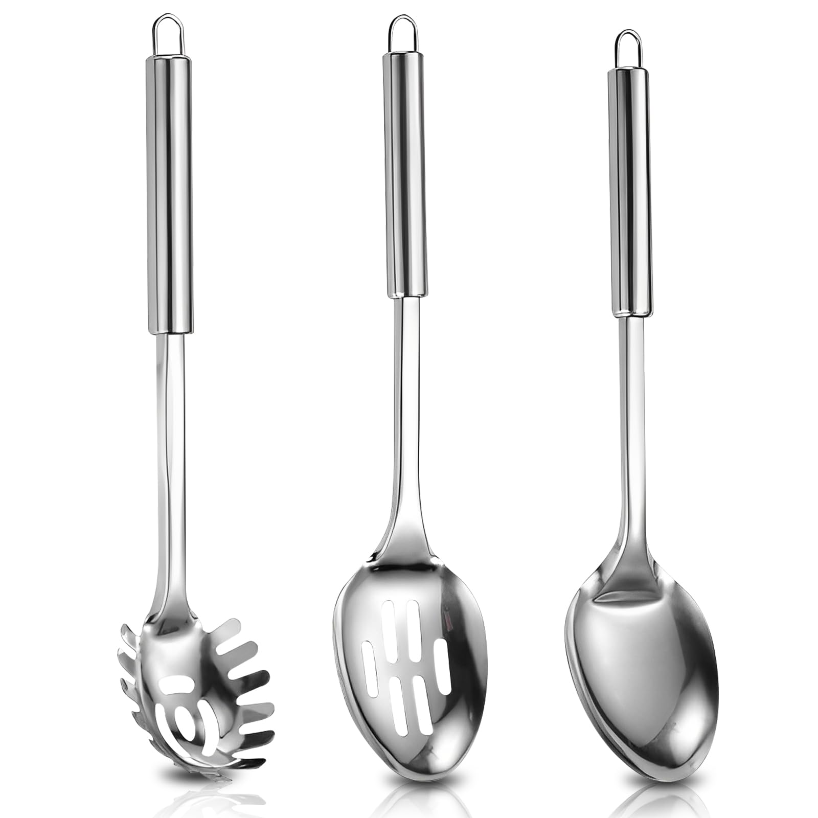 Juego de 3 cucharas ranuradas de acero inoxidable con tenedor para servir pasta