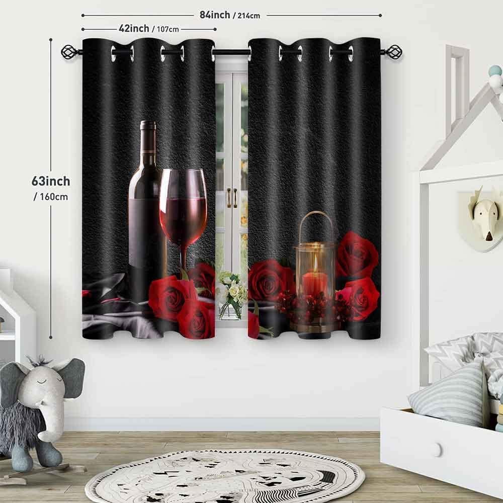 Red Rose and Wine Curtain,Rustic Romantic Flower Bedroom Curtains, Valentine Curtain for Women Girl,Blackout Window Drapes for Bedroom Living Room Hotel,42 X 63 Inch 2 Panels Set