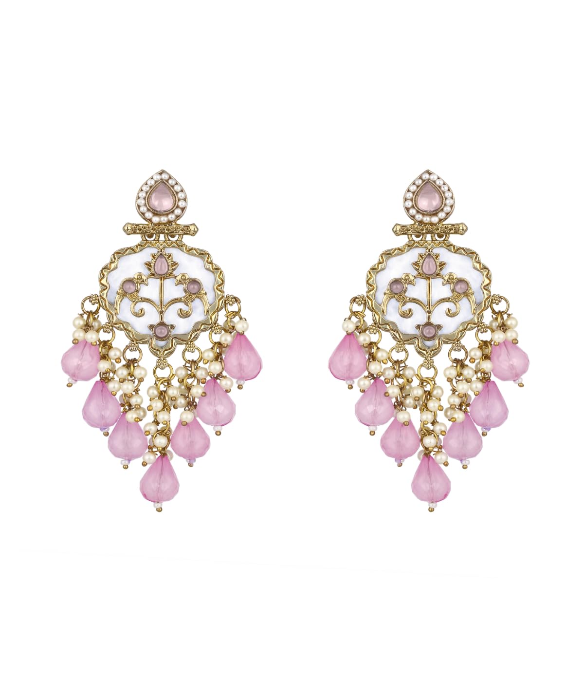 Traditional Gold Plated White Pearls and Mint Green Crystal Stone Studded Drop & Dangle Chandbali Earrings For Women Girls Ladies | Earring Suitable for Wedding Party (Pink)