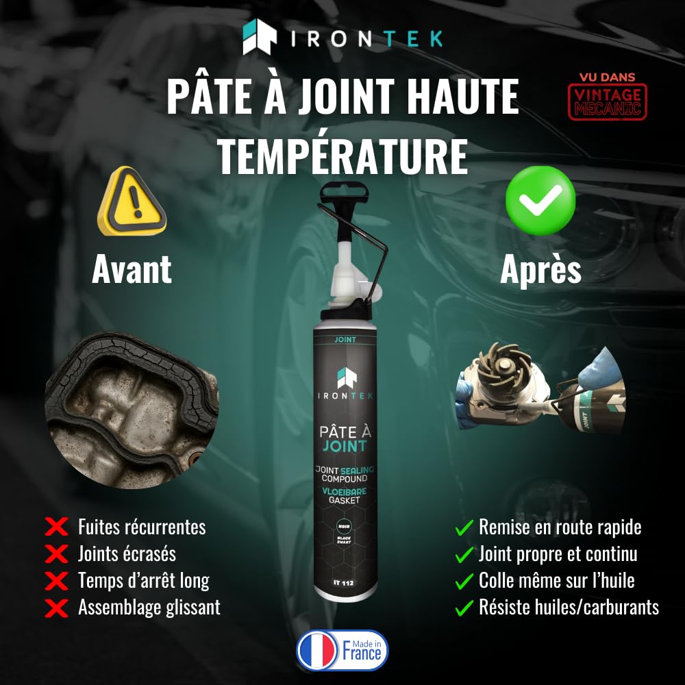 Pâte à Joint Moteur Élastomère Noir 200ml - IRONTEK | IT112 | -40°C +250°C | Carter Pompe Culasse | Résiste Huiles Hydrocarbures