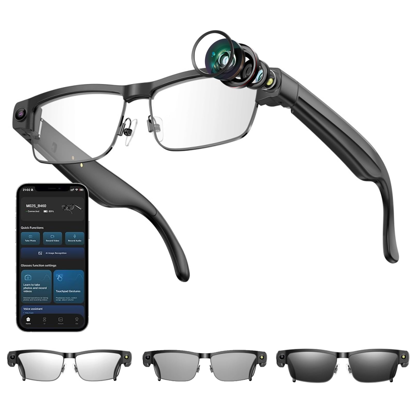 AI Smart Glasses Caméra HD 4K 800 W Lunettes anti-tremblement avec enregistrement vidéo, double microphones avec réduction du bruit, traduction simultanée, intégration ChatGPT (lentilles