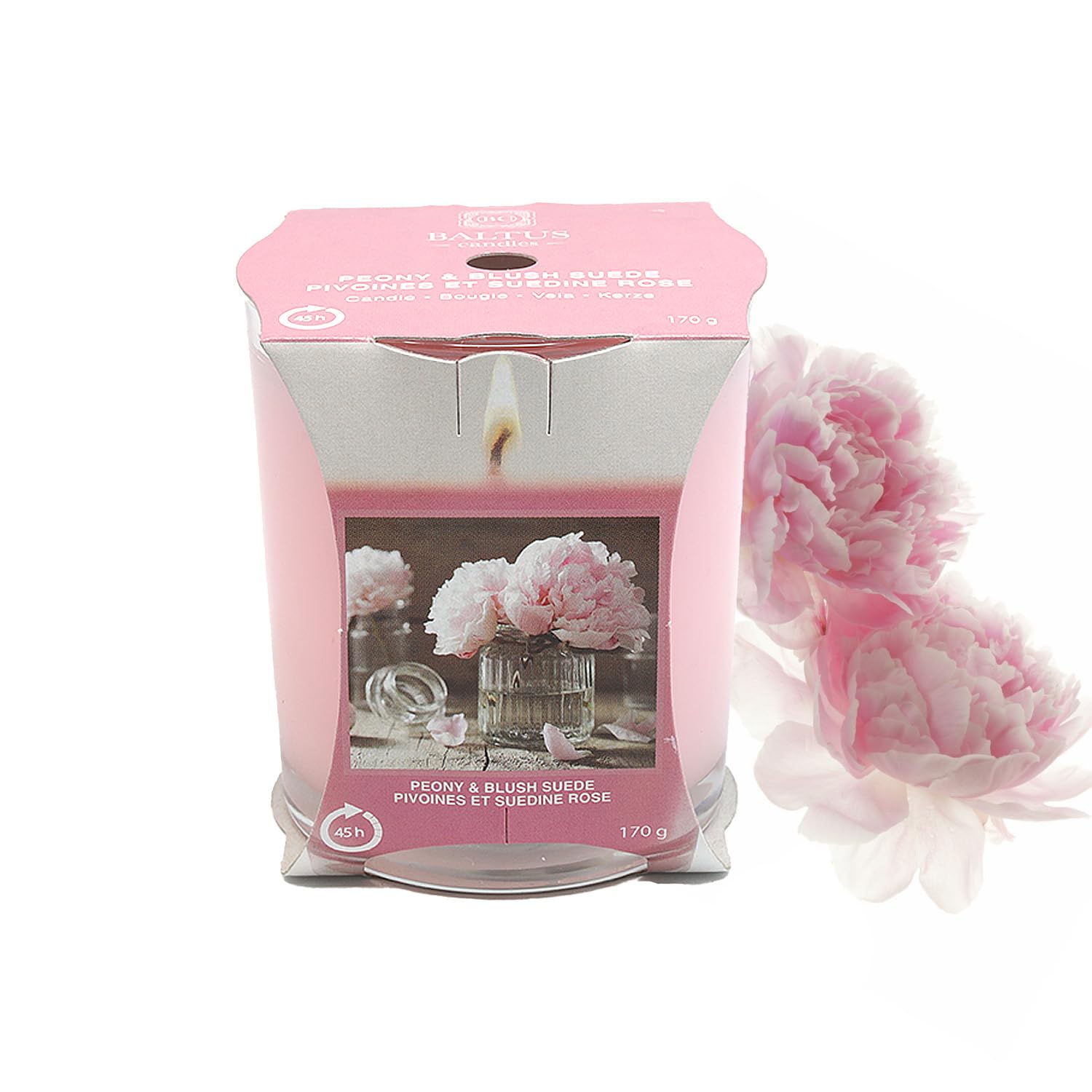 Baltus Multicoloured Scented Candle Peony & Blush Suede 170G Single Wick 45Hrs Glass Jar Gift Idea