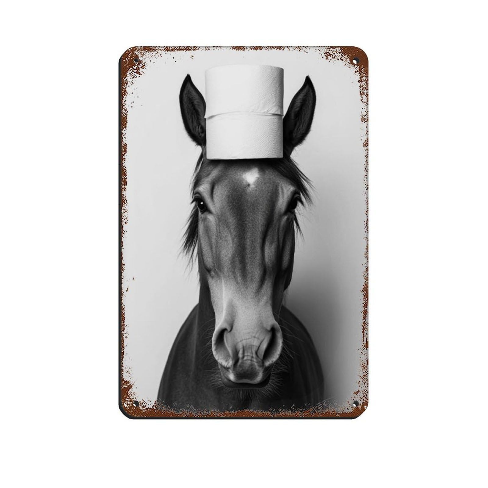 Horse with A Toilet Paper Roll on Head Retro Poster Metal Tin Sign Chic Art Retro Iron Painting Bar People Cave Cafe Family Garage Poster Wall Decoration 8x12inch(20x30cm)