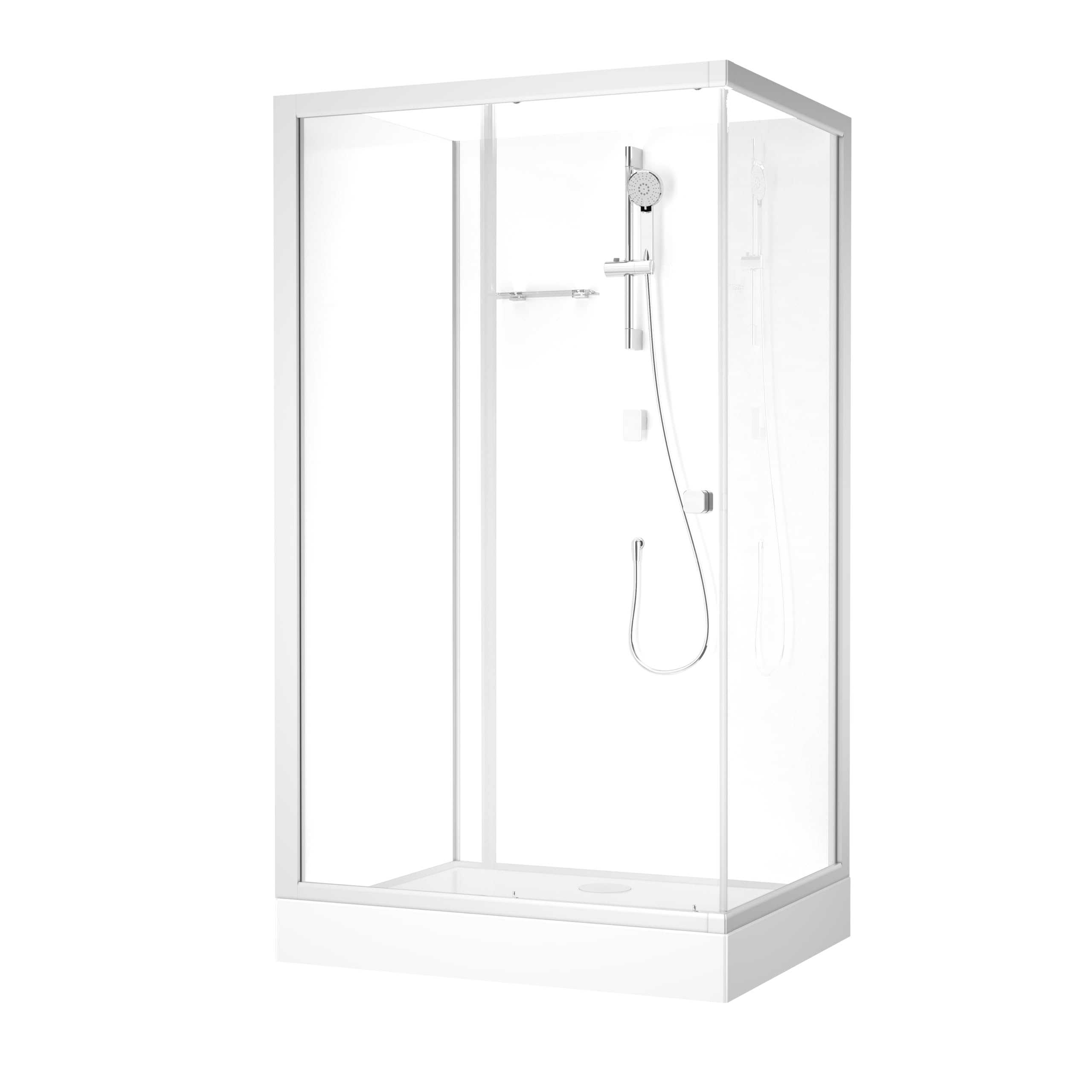 Kompletny prysznic Marwell Shower Rectangle Fresh 90 x 115 x 205 cm z brodzikiem gotowy prysznic z drzwiami przesuwnymi, srebrno-matowe profile aluminiowe, szkło bezpieczne 5 mm, armatura i słuchawka