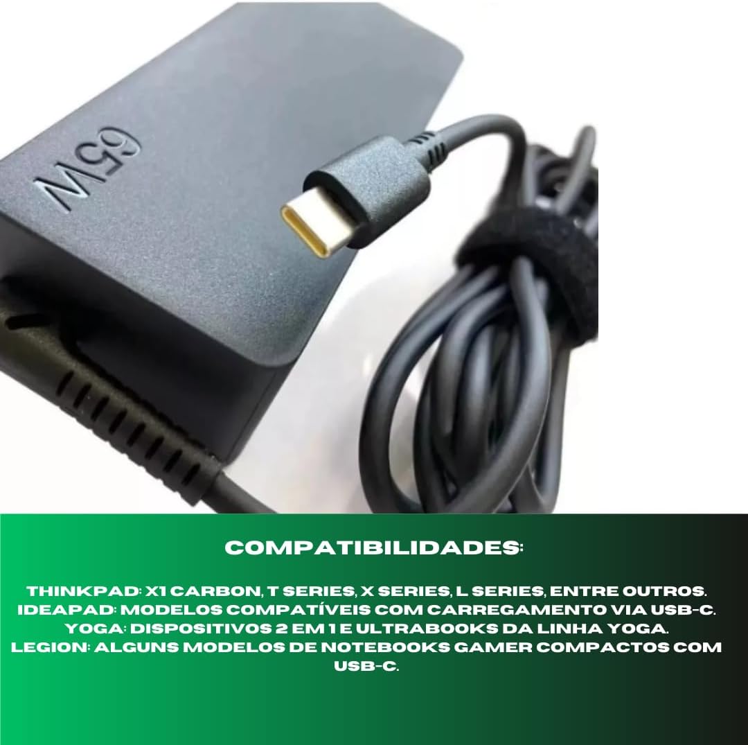 Fonte para Notebook Lenovo Dell HP USB-C 3.1 20V 65W - Compatível com Galaxy Book 4 e 3 Lenovo E14 Gen 2 ThinkPad E580 E585 E590 E590S E595 T480 T490 T580 Yoga C940 C740 com Cabo de Força bivolt
