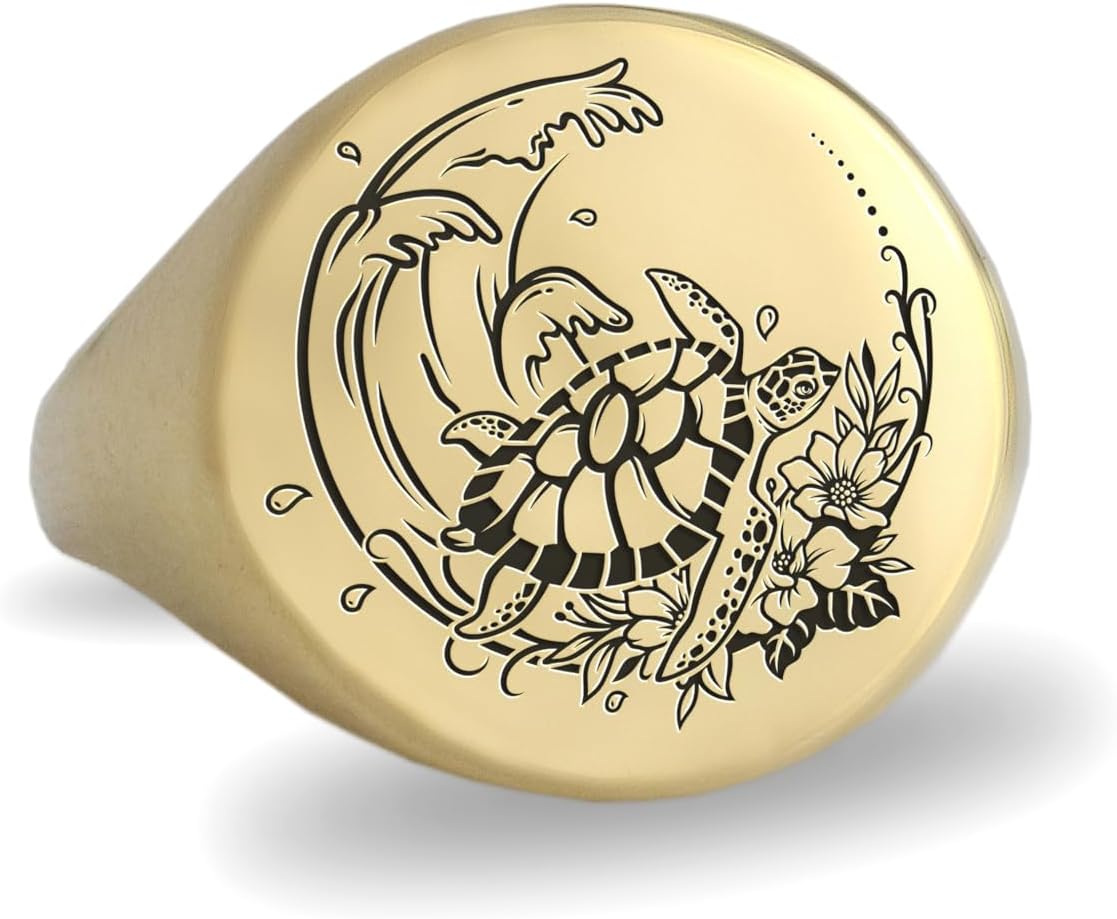 Engraved Turtle Signet Ring - Custom Turtle Ring - Personalized Ring - Bold Statement Ring - Unisex Ring