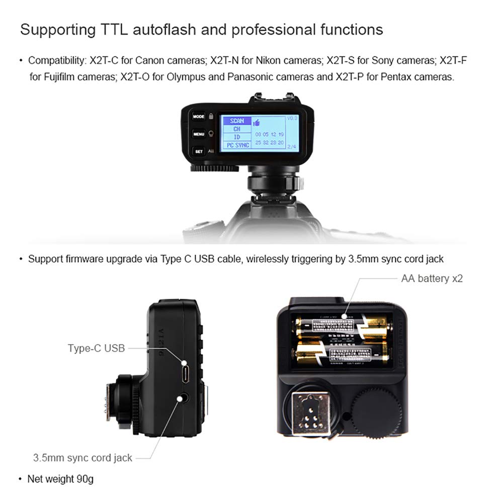Godox X2T-F 2.4G Wireless Flash Trigger Transmisor para Fuji con TTL II HSS 1 / 8000s Grupo Función LED Panel de Control actualización firmware