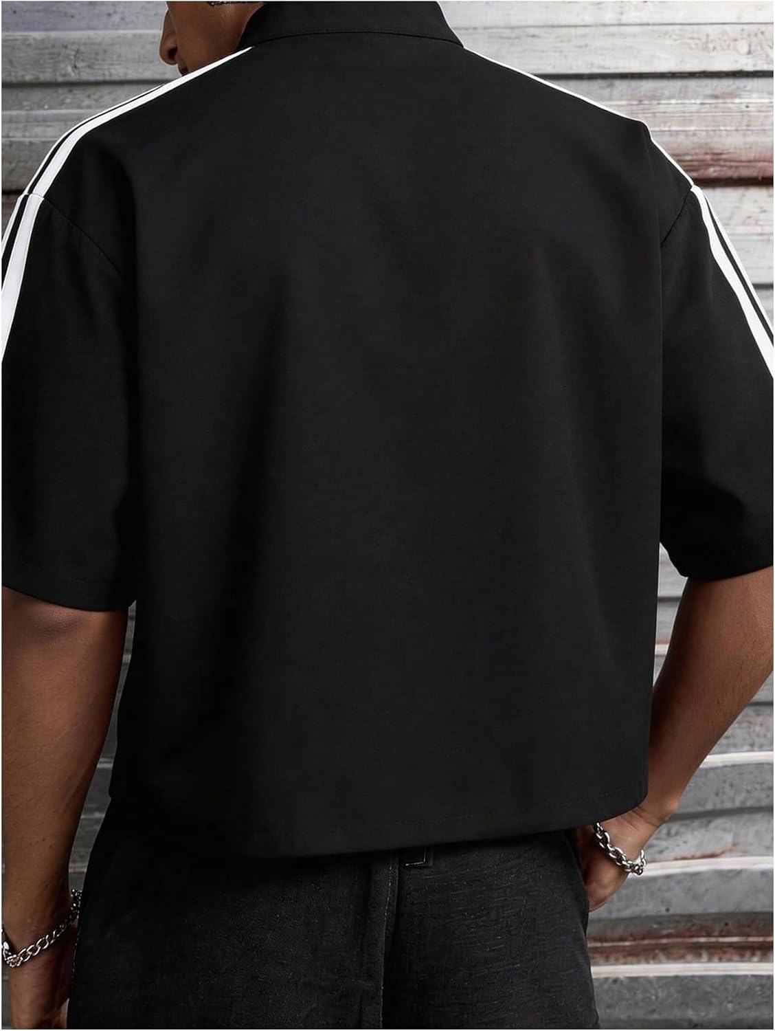 VIPWOLF Men's Oversized Cropped Shirts Striped Button Down Half Sleeve Chinese Style Crop Boxy Shirt