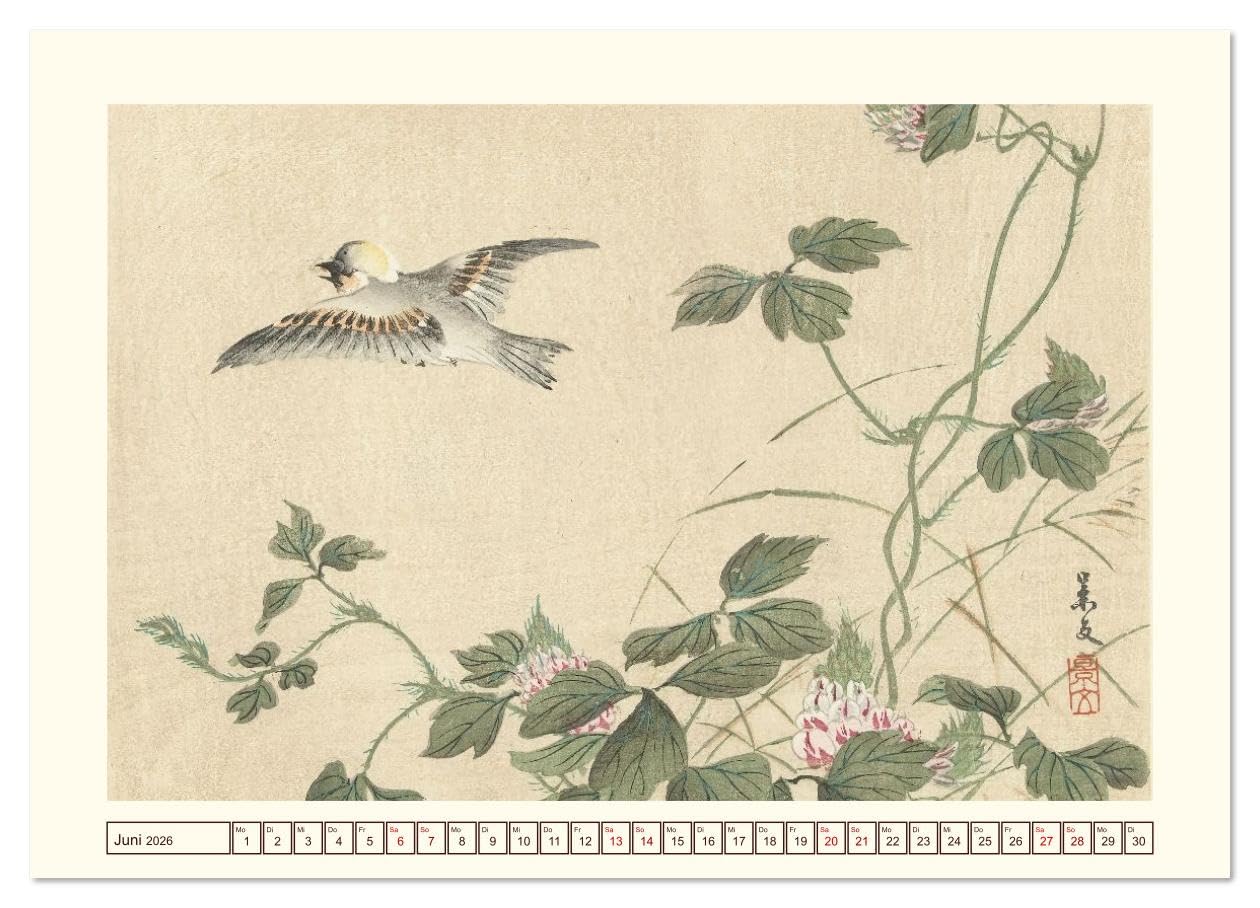 Blüte und Feder (hochwertiger Premium Wandkalender 2026 DIN A2 quer), Kunstdruck in Hochglanz: Japanische Naturkunst in zarten Farben. (CALVENDO Kunst)