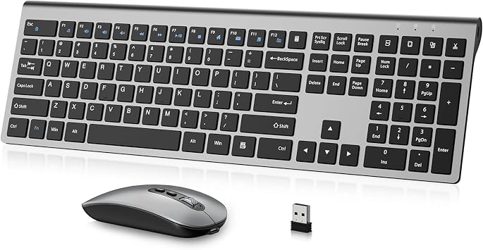 cimetech Rechargeable Full Size Wireless Keyboard and Mouse Combo - Grey | Full size quiet scissor-switch keyboard with number pad, right handed mouse, connect via single included USB-A Nano Receiver