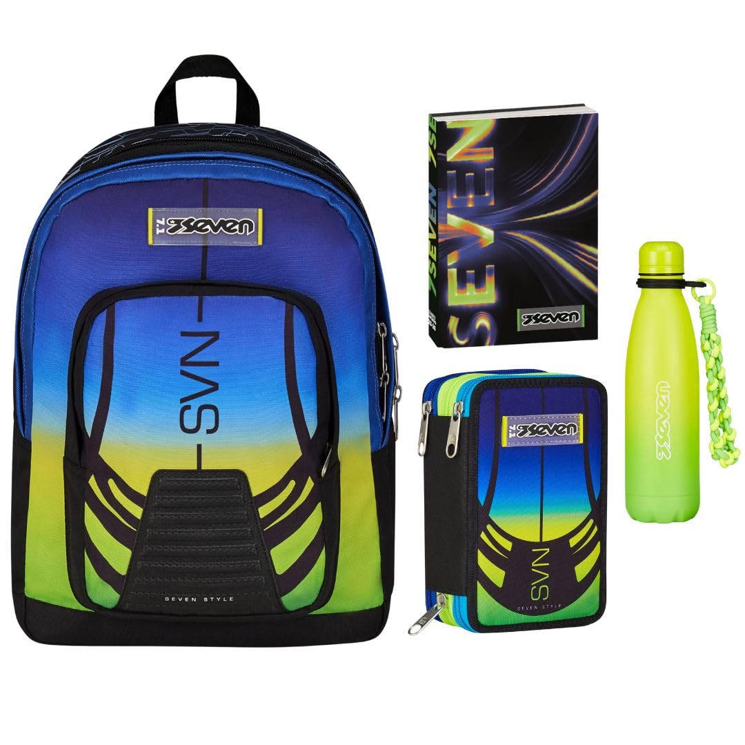 Seven Freethink Set Scuola, Zaino con Astuccio 3 Zip, Diario e Borraccia, Design Multicolore (NUANCED)