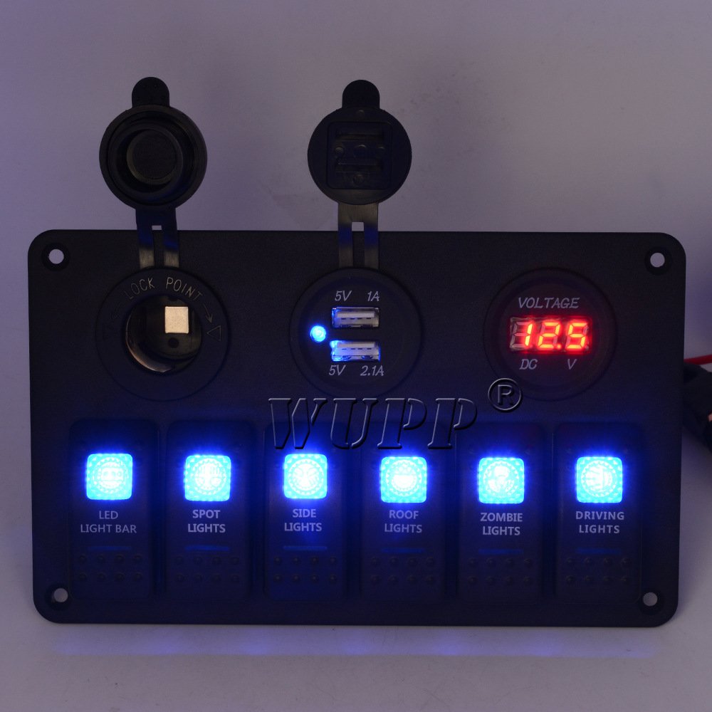 Cyfrowy 6-stopniowy panel przełącznika kołyskowego LED, 12 V, podwójne gniazdo zapalniczki, woltomierz, wyświetlacz, ochrona przed przeciążeniem, do samochodu, łodzi, kampera (6-drożny niebieski)