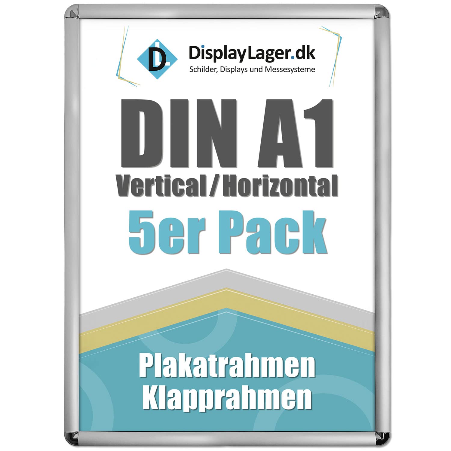 DisplayLager, Calidad danesa – Paquete ahorro de 5 unidades, color plateado, DIN A1 Rondo, marco plegable con perfil de aluminio de 25 mm, cristal protector antirreflectante, material de fijación