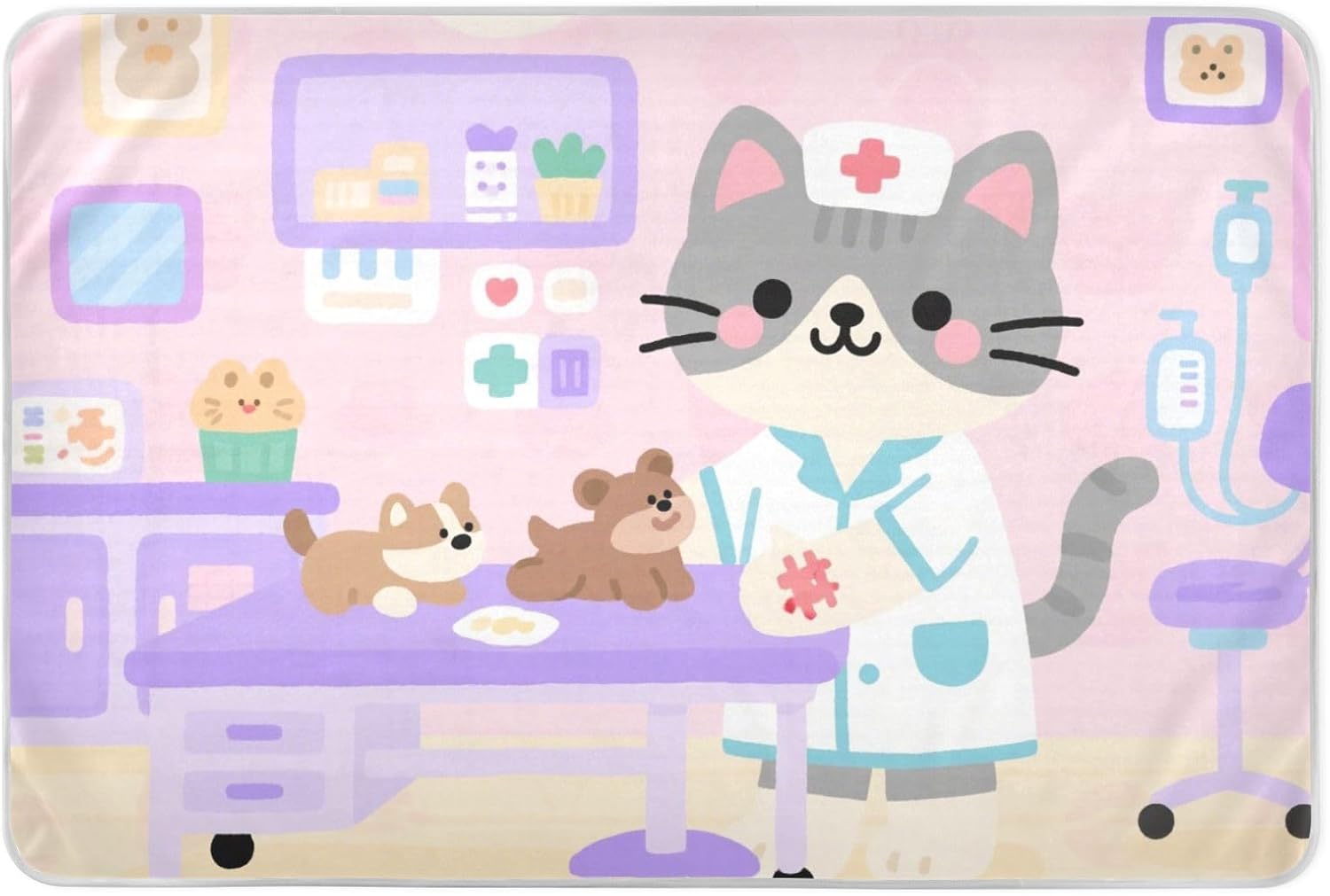 Cartoon Doctor Cat Cute Purple Extra Large Resuable Training Pee Pads for Kids Soft Absorbent Potty Training Mattress Pad Anti-Lip Incontinence Pads for Baby Toddler Children , 52" L x 34" W