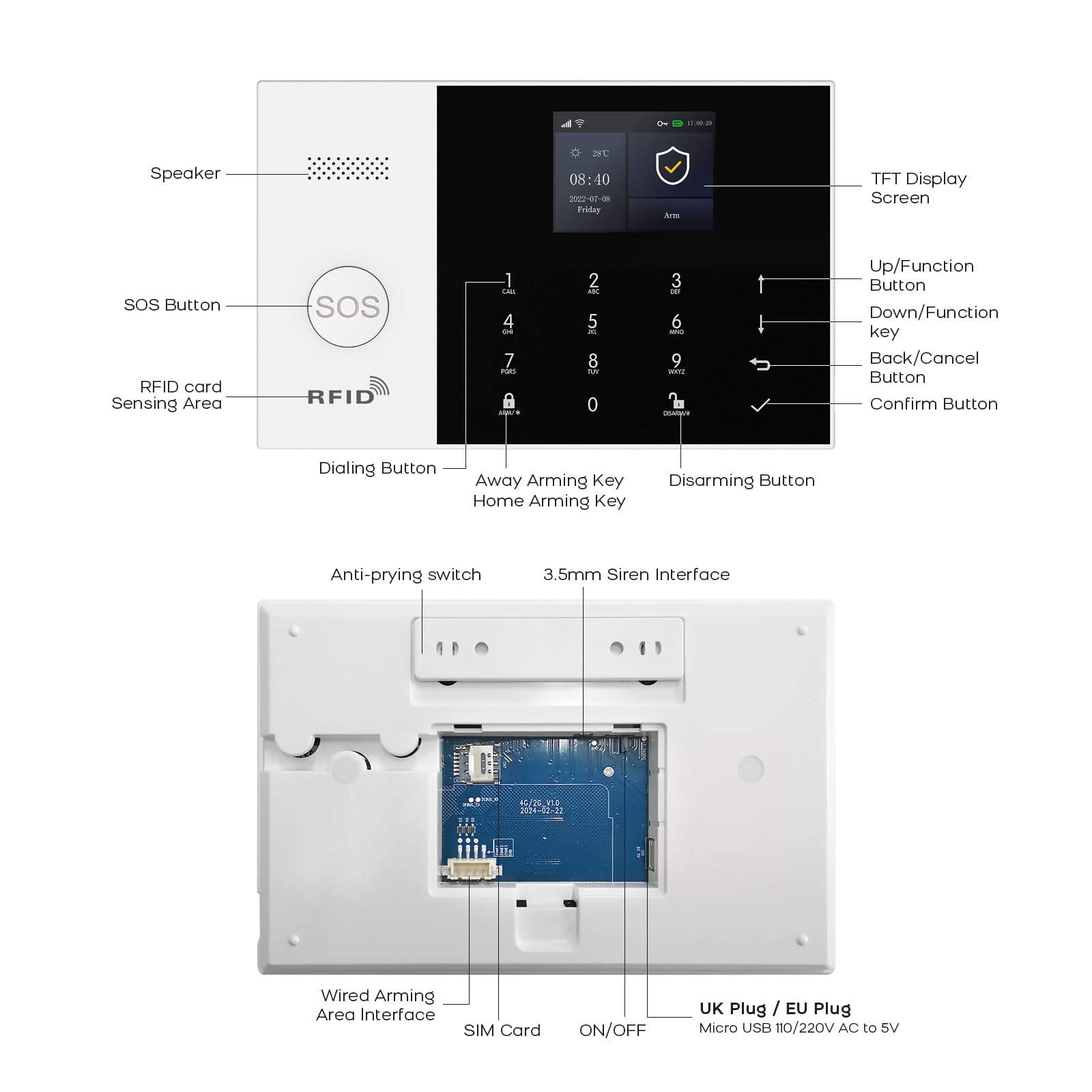 Sistema di Allarme GSM/WiFi con Sirena di Allarme da 120 dB, Telecomando Intelligente, display LCD, Annuncio vocale, Sicurezza per casa, ufficio