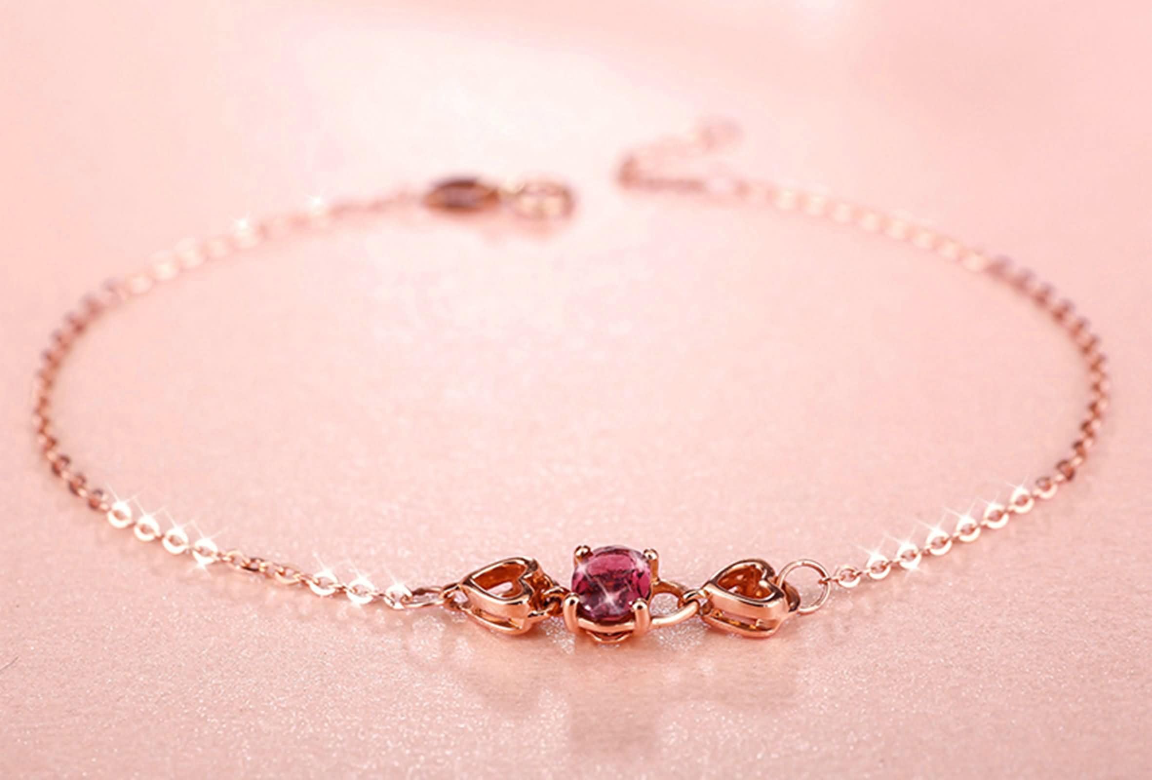 Pulsera para Mujer de Oro Rosa 9 Kilates / 14 Kilates / 18 Kilates, Corazón Hueco y Oval con Turmalina, Cadena Extensible 16 CM + 5 CM, Pulsera Mujer Ajustable de Oro Rosa