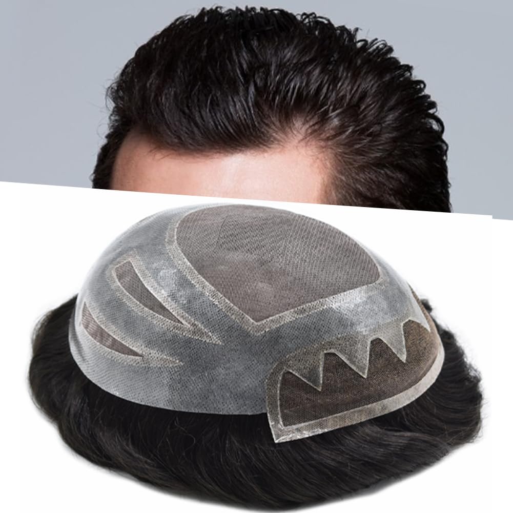 French Lace Front Mens Hair System Toupee for Men Natural Hairine 8"X10" Human Hair System for Men Hairpiece (#1B30 Off Black+ 30% Gray, 8"*10'')