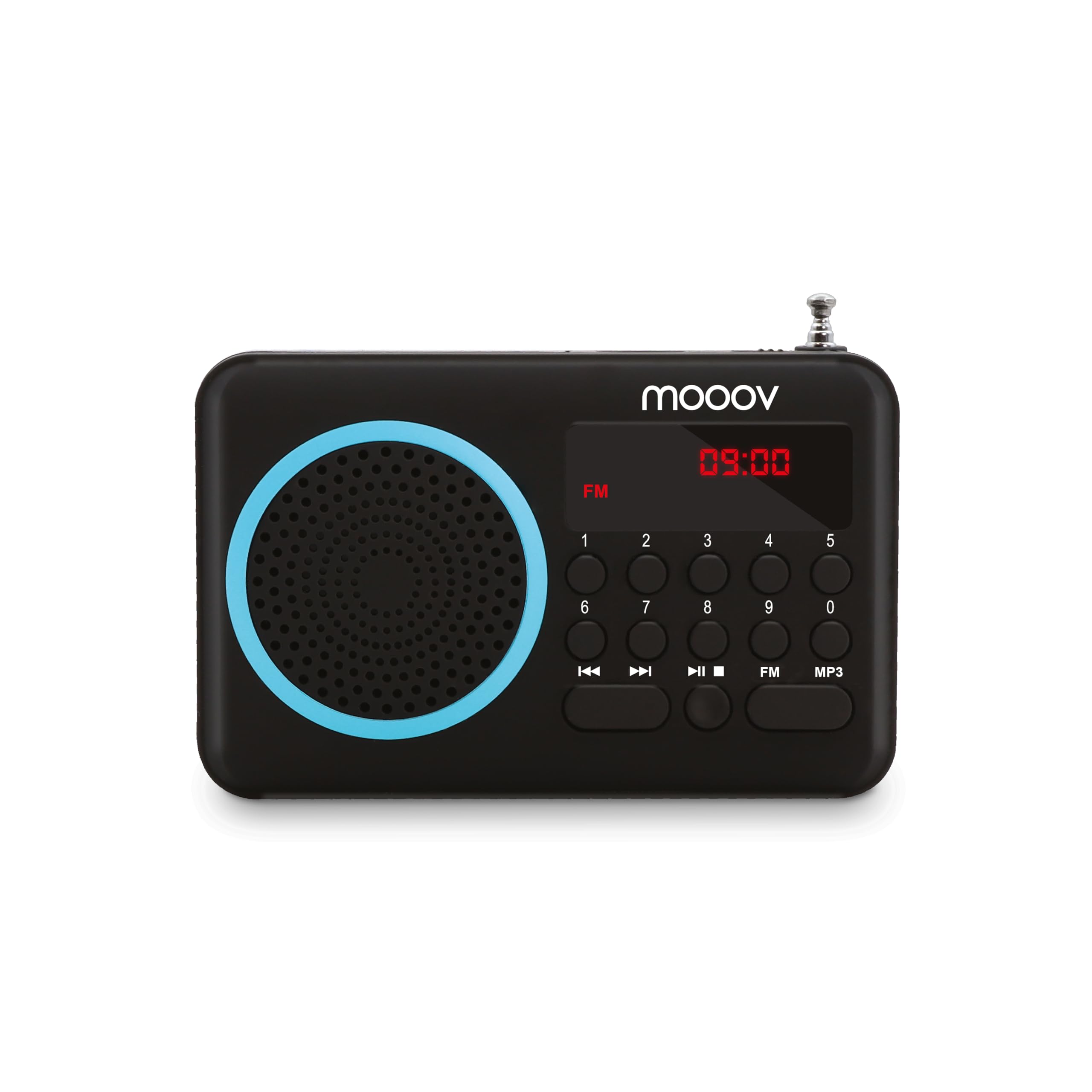 mooov 477203 Petite Radio Portable FM avec Batterie Rechargeable - Poste Transistor Radio Réception FM, Port USB, Lecteur Carte Micro SD - Noir / Bleu