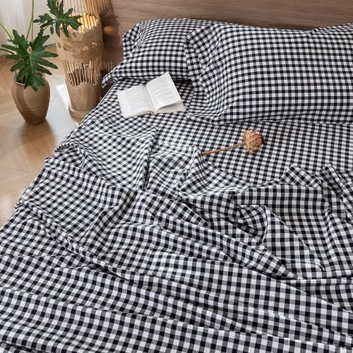 Image of MooMee Gingham Sheet Set 100% Washed Cotton Linen Like Textured Breathable Soft w /Fully Elasticized 16-19 inch Deep Pocket (Classic Gingham Black White, Queen)