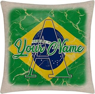Bleu Reign Personalized Throw Pillow Cover Custom Name Brazil Flag Marble Monogram 15.75x15.75 inches Linen - no Insert