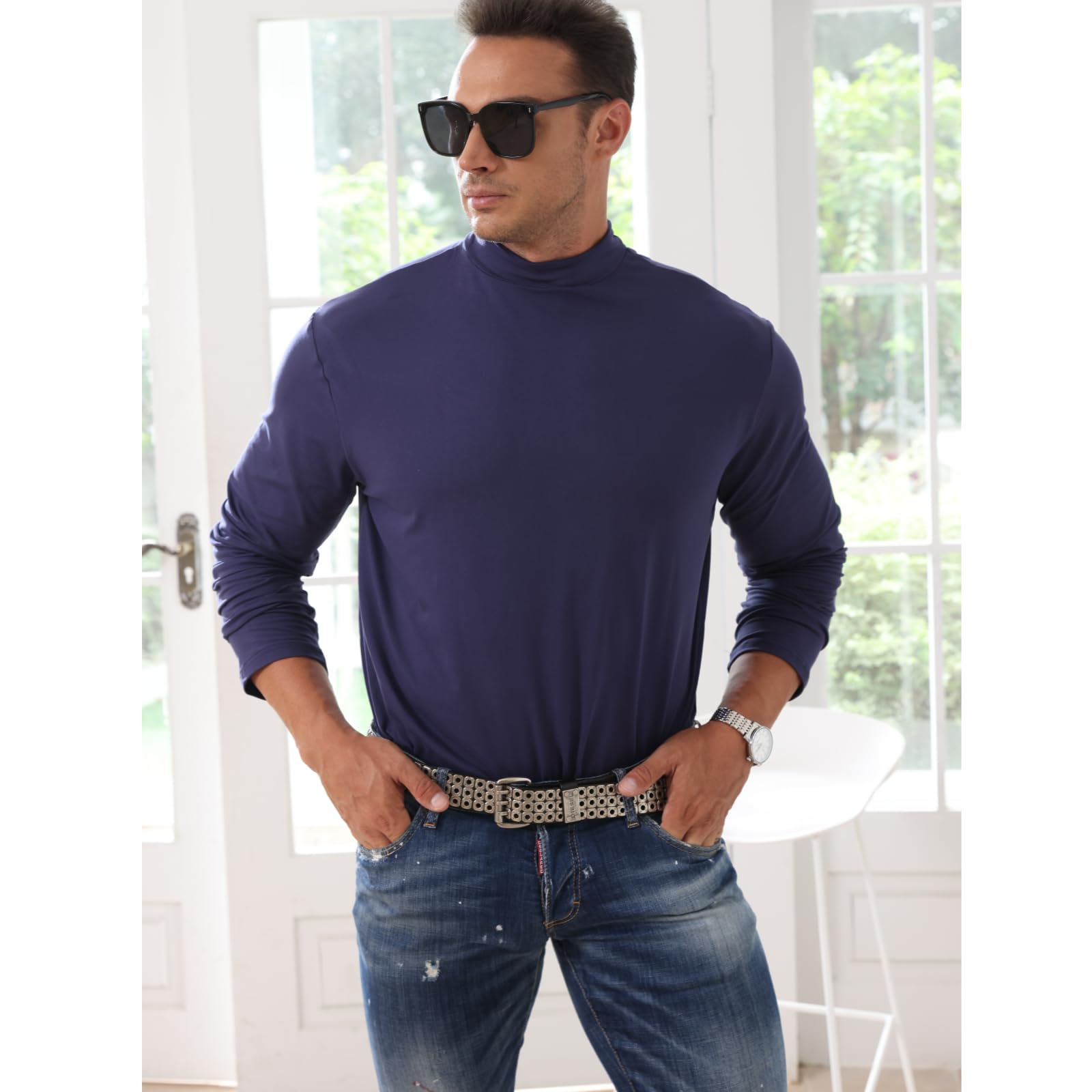 LAOARA T Shirt Uomo Collo Alto Cotone Maglietta Manica Lunga Slim Fit Maglia Tshirt Pullover Maniche Lunghe M-3XL