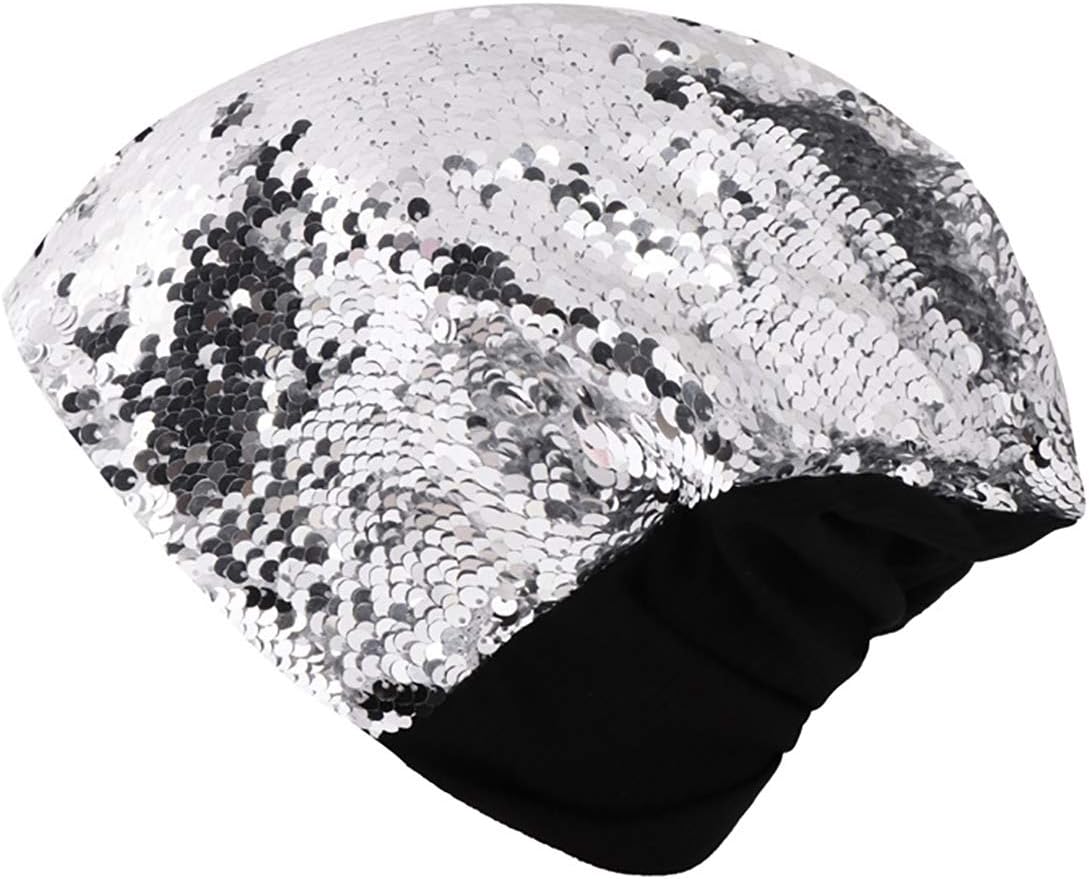 Women Glitter Slouchy Beanie Hat Reversible Sequins Trubans Baggy Skull Cap Hats