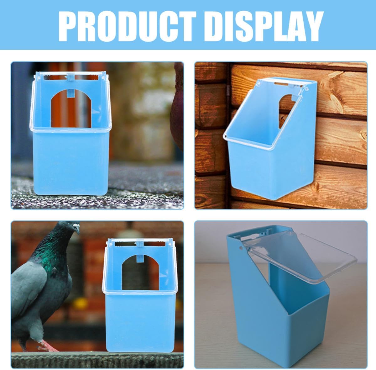 4pcs Hanging Bird Cage Feeders with Buckle Design, Multi-Functional Covered Feeders for Pigeons and Quail, Blue and Yellow Set for Poultry Feeding and Watering
