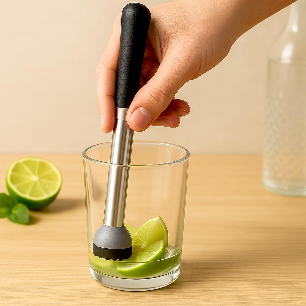 Stainless Steel 8.5" Cocktail Muddler, Professional Drink Muddler for Mojitos, Lemons, and Fruit Cocktails, Durable Bartender Tool with Non-Scratch Nylon Head, Dishwasher Safe