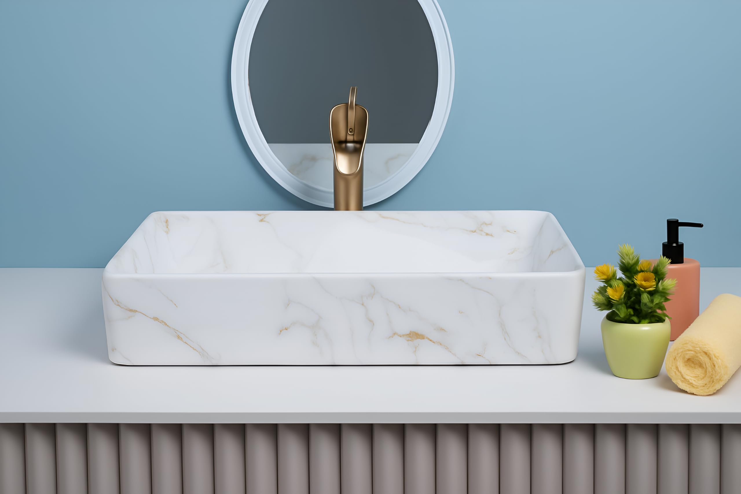 SEA SHORE Ceramic Table Top Wash Basin β Over Counter Slim Rim Vessel Sink for Bathroom & Living Room (24 x 13 x 5.5 Inch, White & Grey) 1