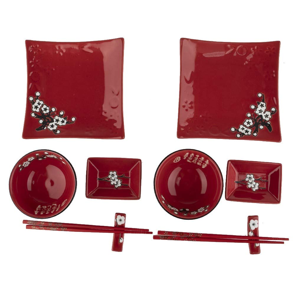 lachineuse - Service de Table Japonais Rouge - Vaisselle Japonaise Traditionnelle - Bols à Riz, Assiettes, Baguettes & Sauciers pour 2 Personnes - Cadeau Japon - Décoration de Table Asiatique