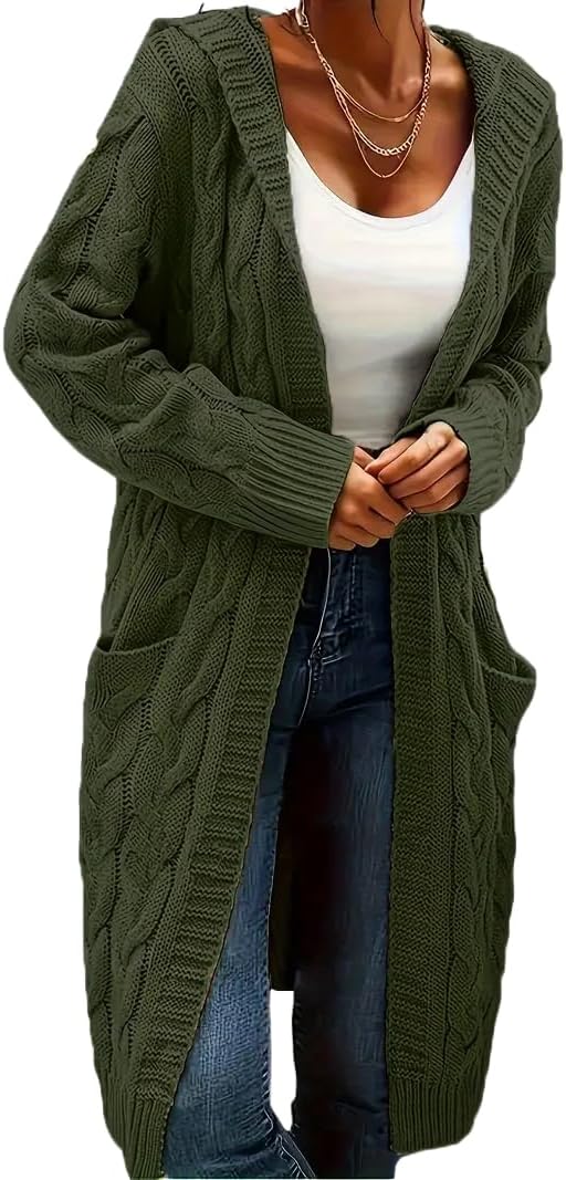 Women's Long Cable Knit Cardigan Sweater with Pockets, Open Front Have Cap