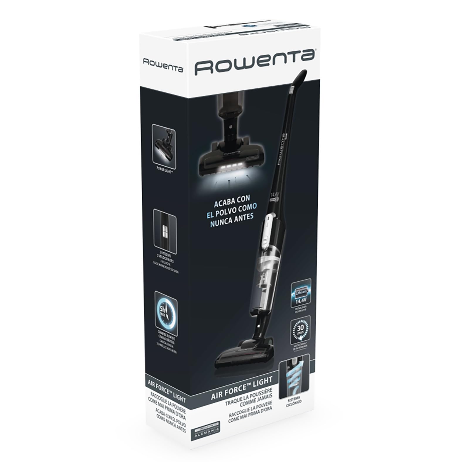 Rowenta Air Force Light Akku Staubsauger kabellos, mit LED- Beleuchtung, 30 Minuten Betriebsdauer, beutellos, 14,4 Volt, leichtes und kompaktes Design, 2,3 kg, Standstaubsauger, schwarz, RH6545