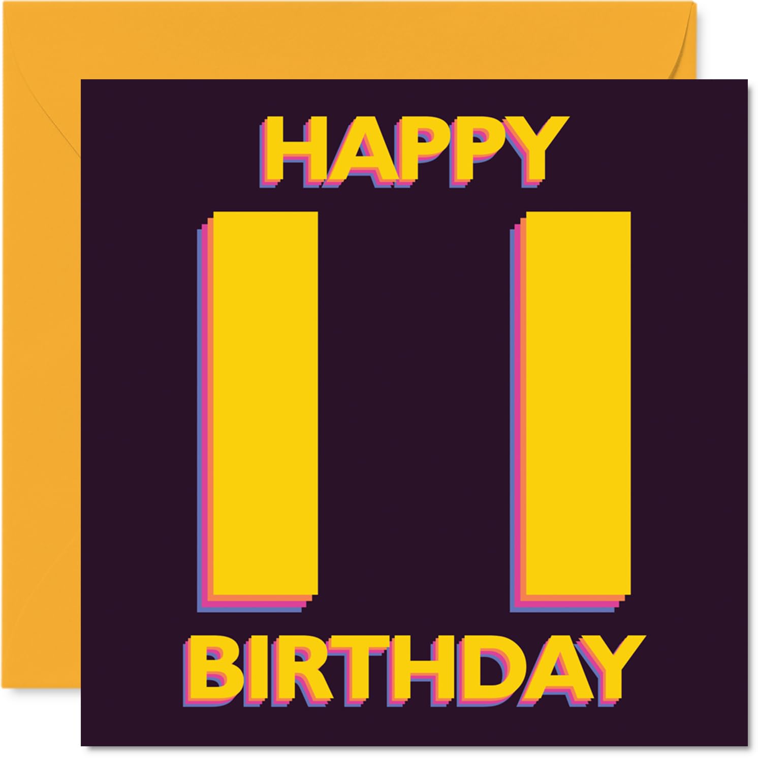 Playful 11th Birthday Card - Brighten Their Big Day - Bold HAPPY BIRTHDAY Design in Vibrant Purple, Yellow and Orange - 145mm Square, Envelope Included