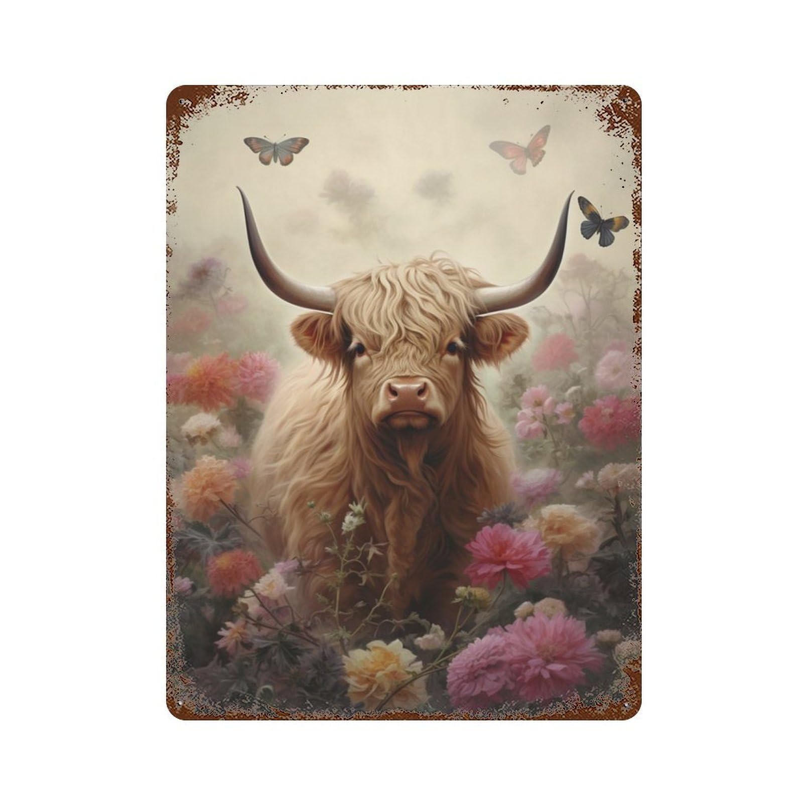 Decorative Tin Sign with Cute Floral Highland Cow Design 15.7"x11.8", for Basement, Hobby Room And Garage Decor, Rustic Home Decor
