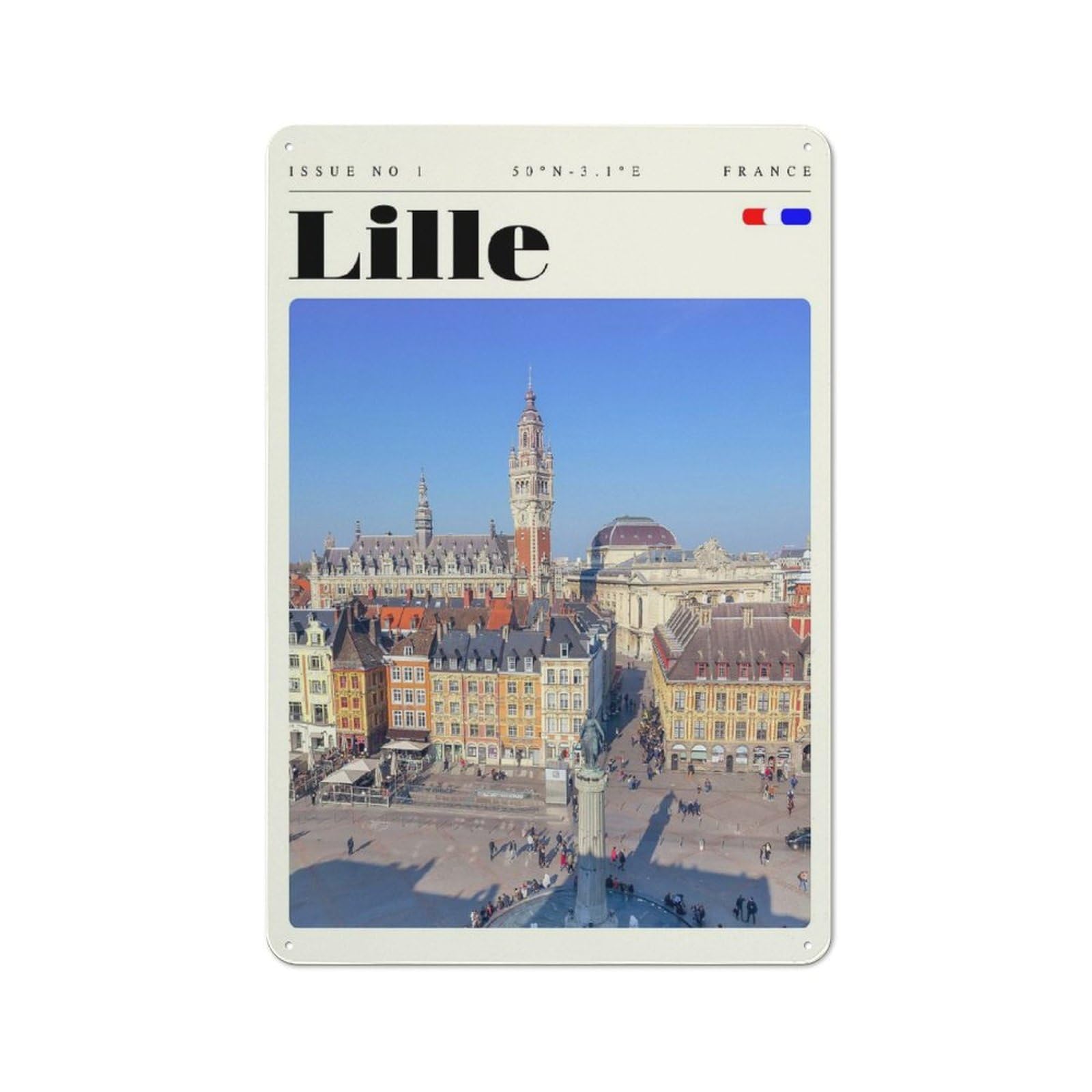 Junmoney Style-10 Lille France Travel Art Warehouse Style Metal Wall Decor 30X20cm, Metal Wall Sign For Workspace, Cafe, Hallway Or Garage