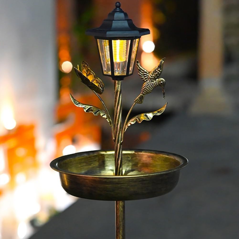 Mangiatoia solare per uccelli e vasca da bagno, con luce automatica, in metallo robusto, decorazione da giardino, per cortile, fauna selvatica, finitura marrone, altezza 104 cm (antico)