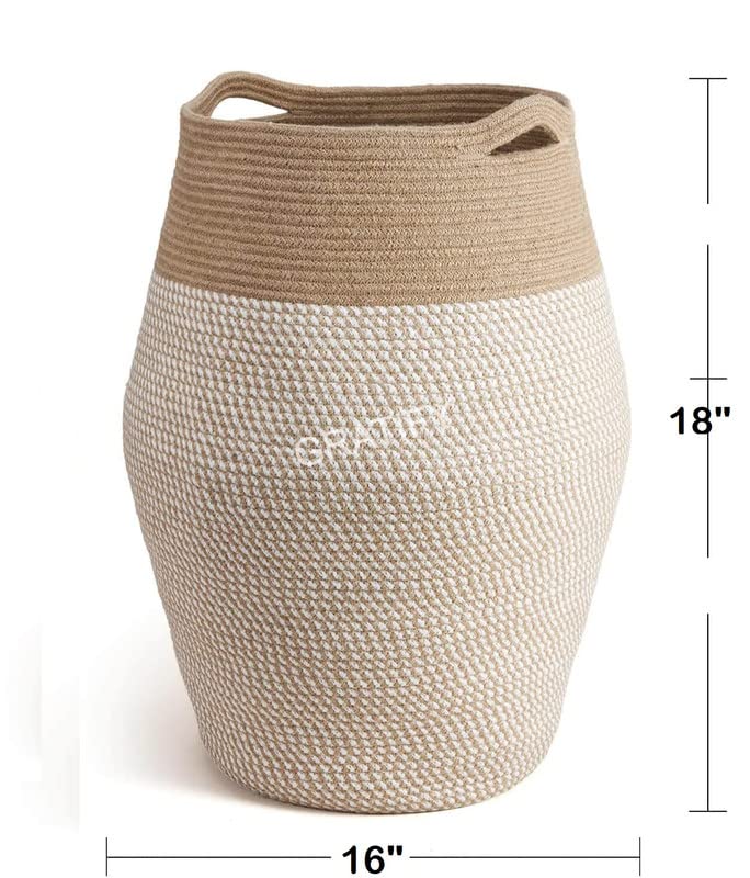 Image of GRATIFY Tall Laundry Hamper | Woven Jute Rope Dirty Clothes Hamper Modern Hamper Basket Large in Laundry Room, ( Mix Brown 18x 16 Inch)