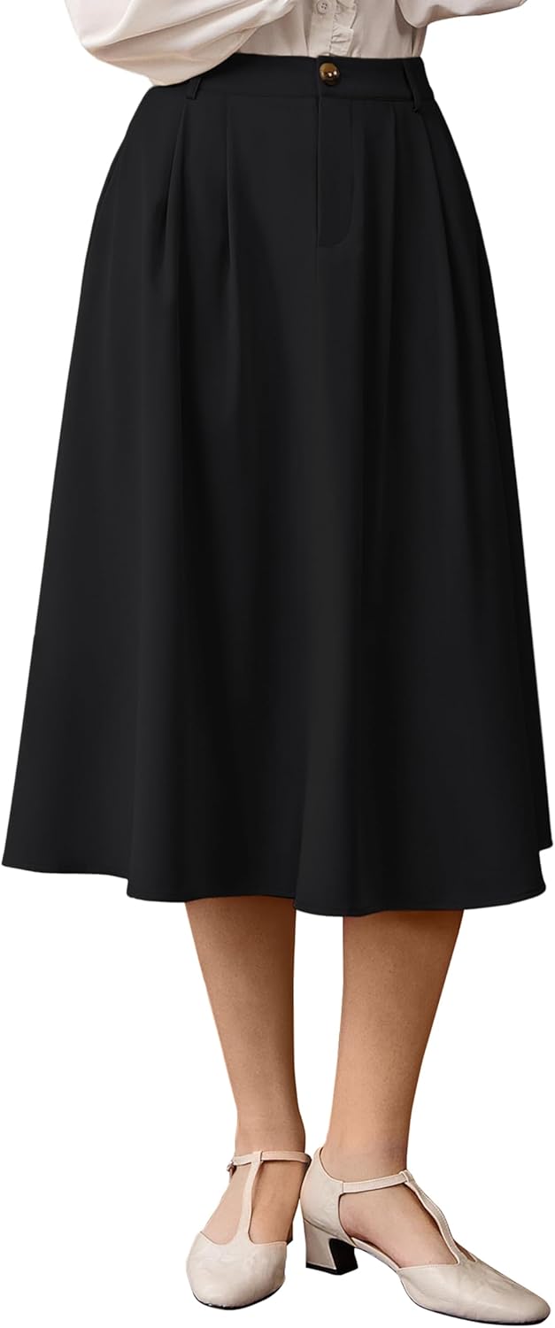 Belle Poque Women Vintage Pleated Skirt with Pockets A Line Midi High Elastic Waist Flared Skirt for Office Daily - Image 2