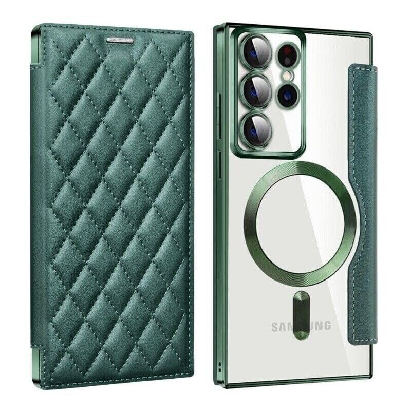 Étui compatible avec Samsung Galaxy S23 FE (couleur : vert foncé) étui à rabat magnétique en cuir de luxe en silicone