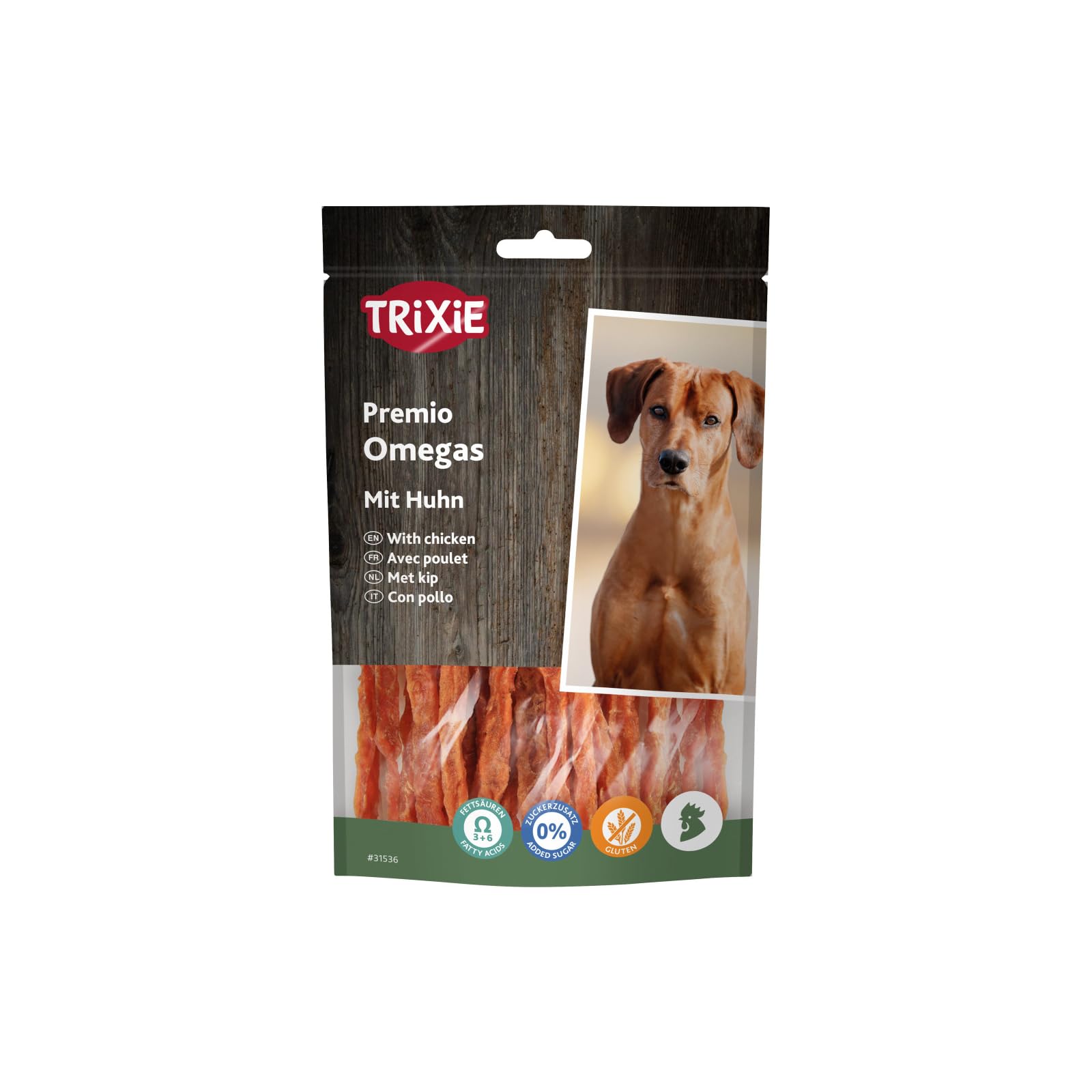 TRIXIE Premio Omega Stripes | Confezione Doppia | 2 x 100 g | Alimento complementare per cani con alto contenuto di carne di pollo | Ricco di acidi grassi essenziali Omega-3 e Omega-6