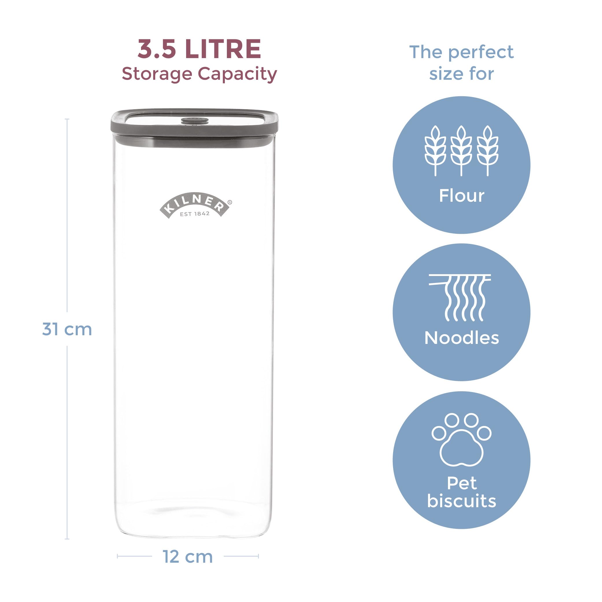 Kilner Contenitore ermetico in vetro da 3,5 litri, con coperchio ermetico, durevole, senza BPA, per conservare alimenti, pasta, prodotti secchi, dispensa