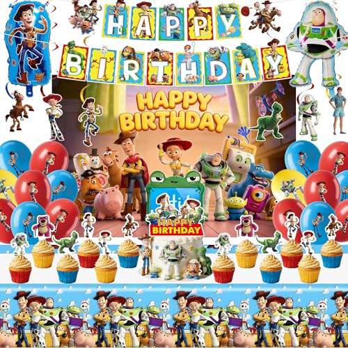 Toy Birthday Party Supplies Set - Story Theme Decorations for Kids Includes Happy Birthday Banner Castle Backdrop Hanging Swirl Tablecloth Balloons Cake & Cupcake Toppers
